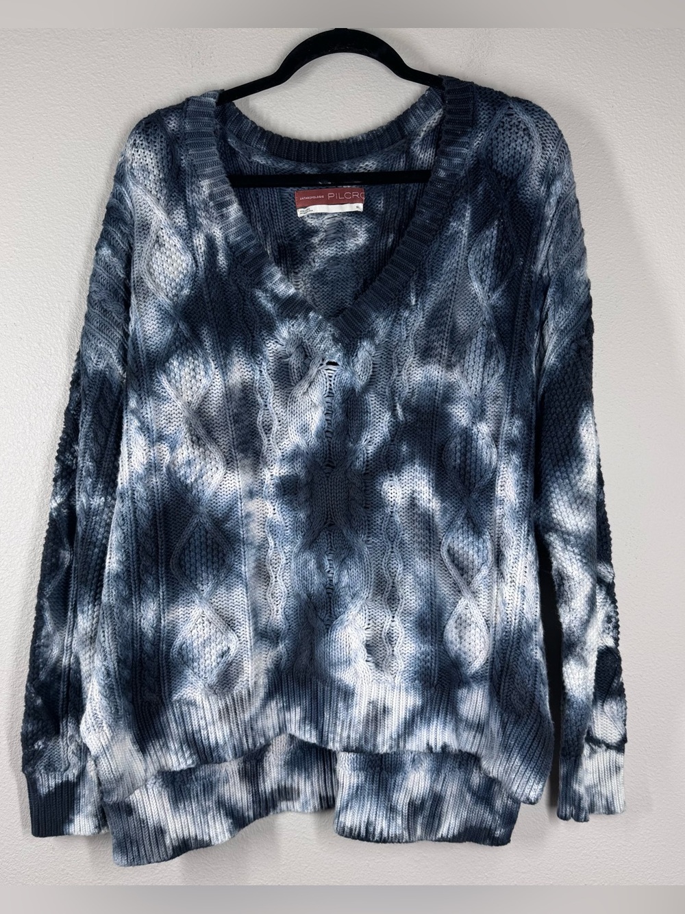 Anthropologie Pilcro Joni Cable Knit Tie Dye Cotton Sweater Blue Size XL